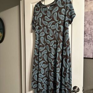 Lularoe 2XL Carly hi-low Paisley Print Dress - Blue and Brown jaquard fabric